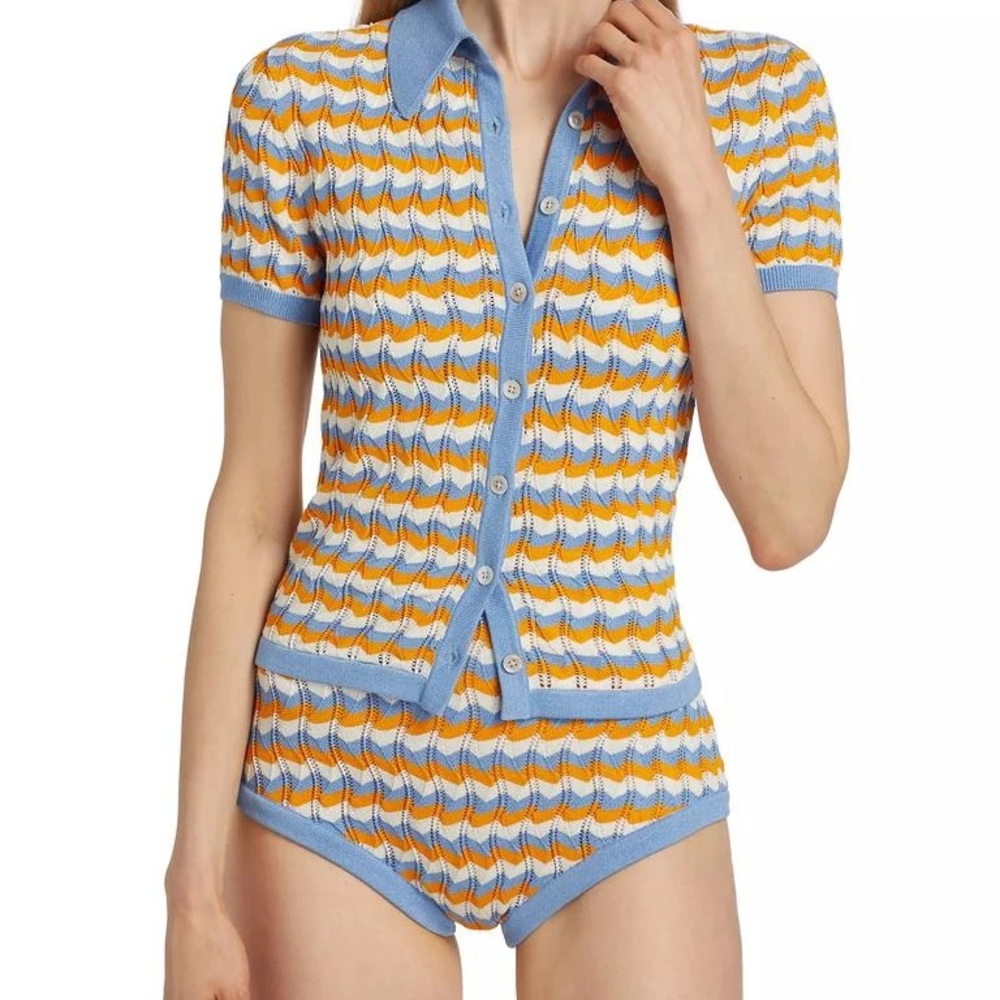 Ronny Kobo
Tallys Wavy Knit Polo Top Blue and Yellow Shirt XS